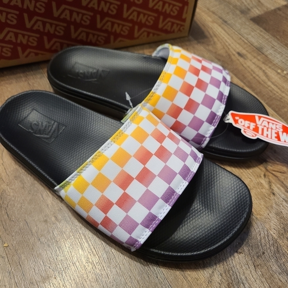 NEW Vans Range Slide On Slides Sandals Womens Rainbow Check Shoes - Picture 2 of 6